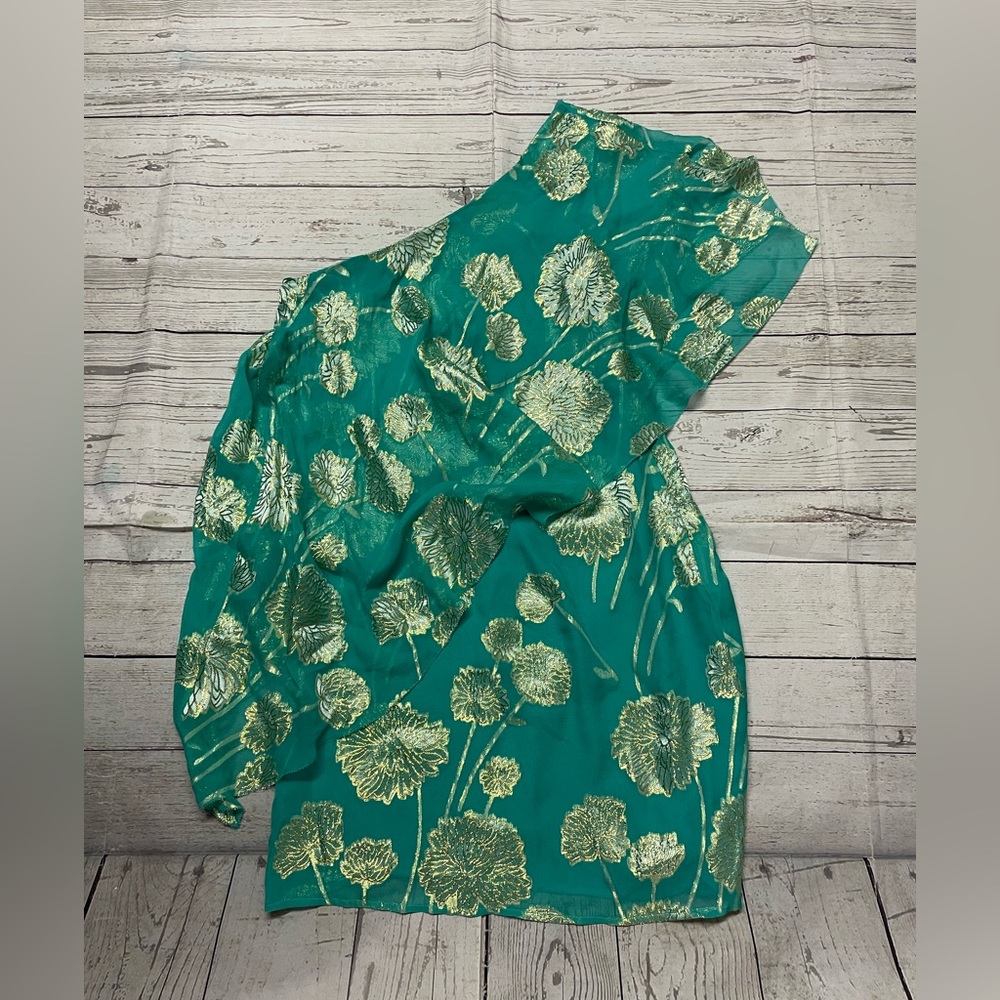 😍 Trina Turk One Shoulder Mint Green & Metallic Floral print Midi Dress Size 4